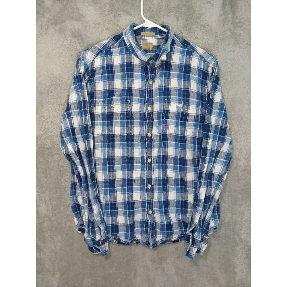 Lucky Brand Shirt Mens Large Blue Plaid Linen California Fit Button Up - Picture 1 of 11